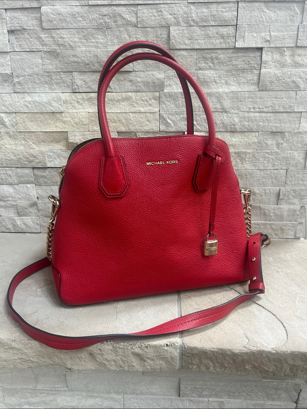 Michael Kors Cherry Red Pebbled Leather Satchel with Gold Hardware